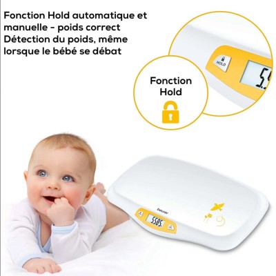 Pèse-bébé Fonction Stabilisation BEURER BY80 BABYCARE Blanc, Jaune