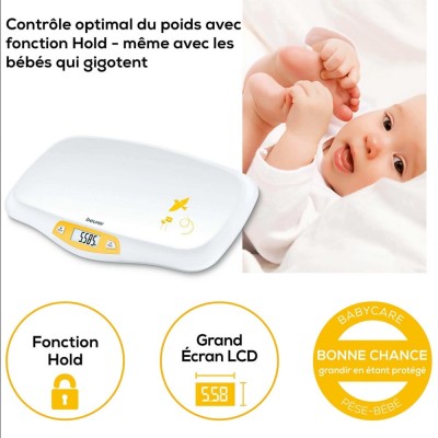 Pèse-bébé Fonction Stabilisation BEURER BY80 BABYCARE Blanc, Jaune